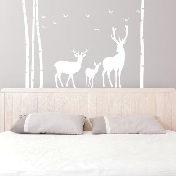 Birch tree forest wall decal featuring deer and fawn, ideal for nursery or kids' room decor.