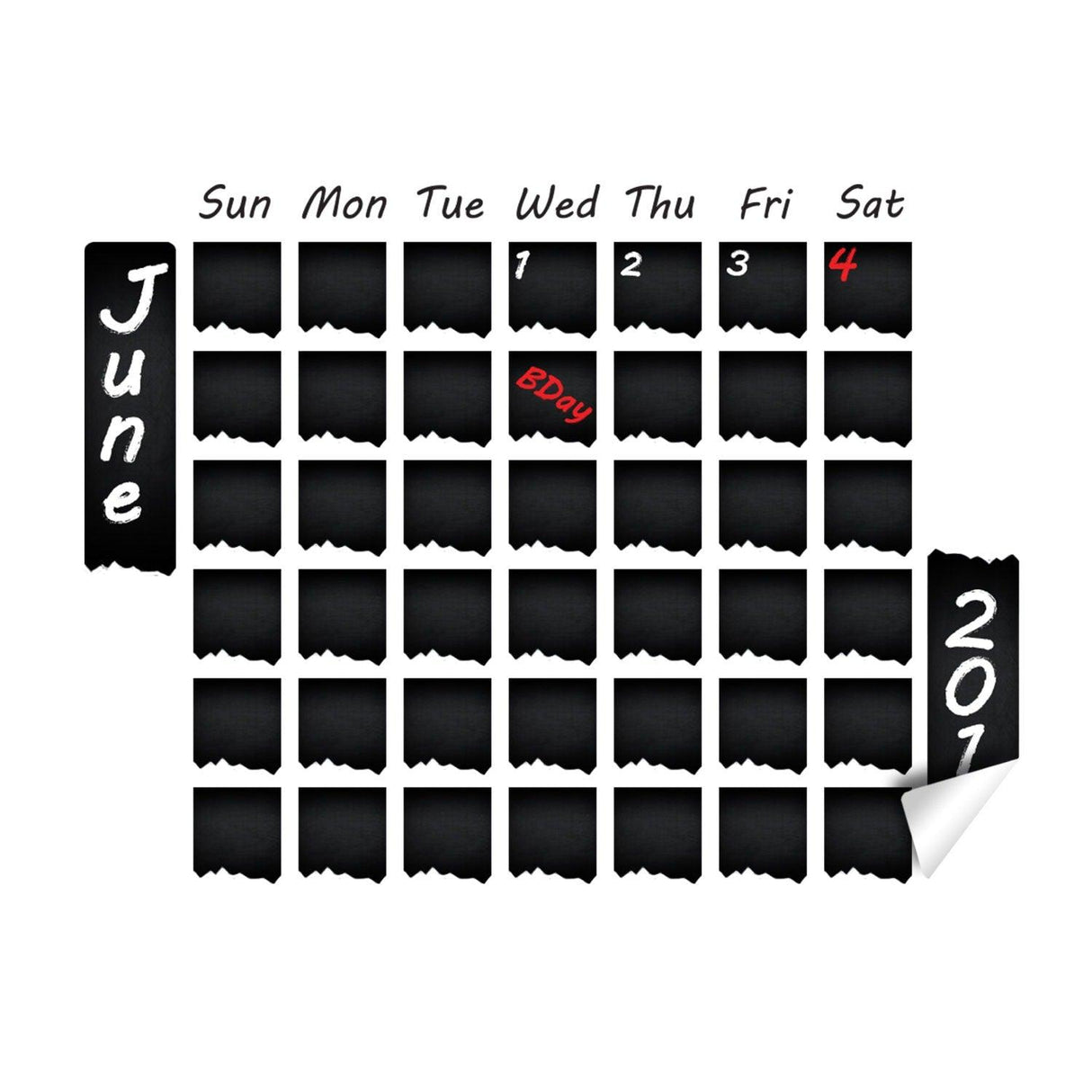 Chalkboard wall planner calendar for June 2017 with customizable date boxes and a special birthday note.