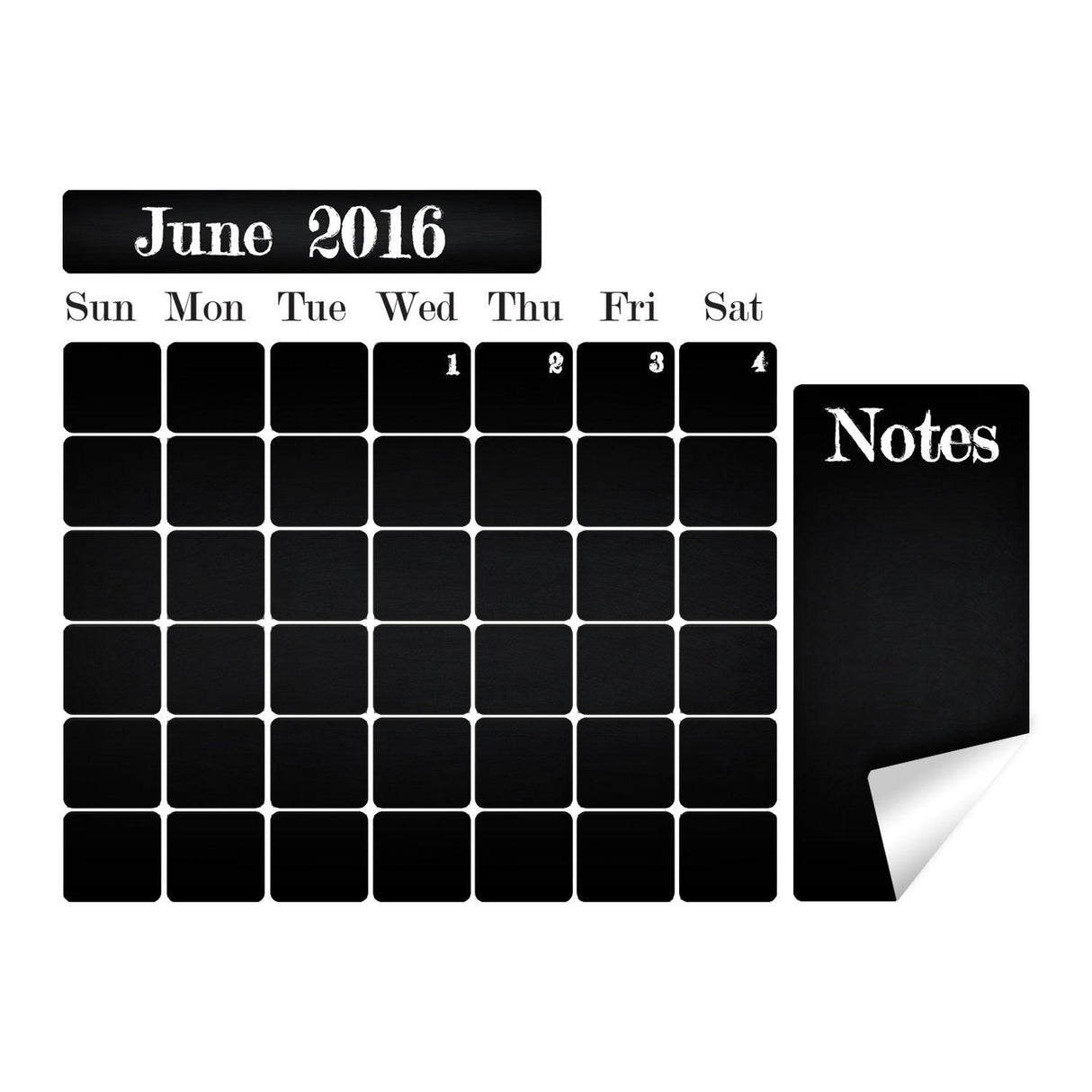 Kitchen blackboard decal fridge wall calendar sticker for June 2016 with notes section for organization.