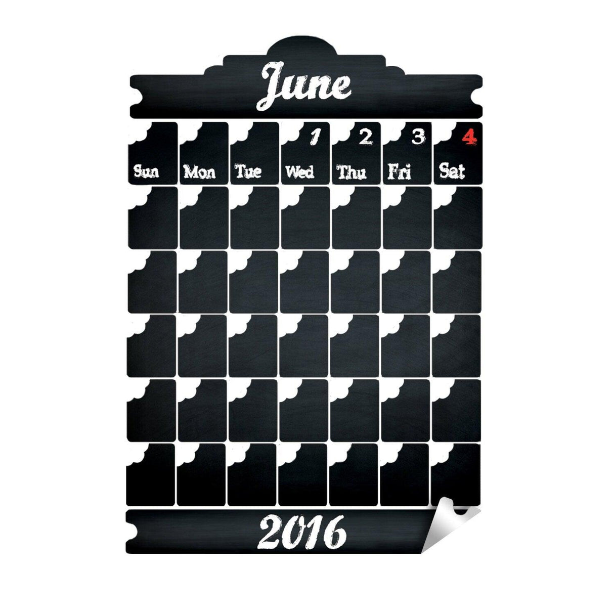 Chalkboard wall planner for June 2016, featuring days of the week and a writable surface for scheduling tasks.