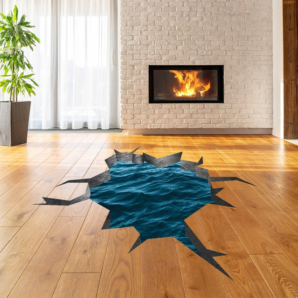 3D ocean hole floor decal in a cozy living room with a fireplace, creating an underwater illusion.