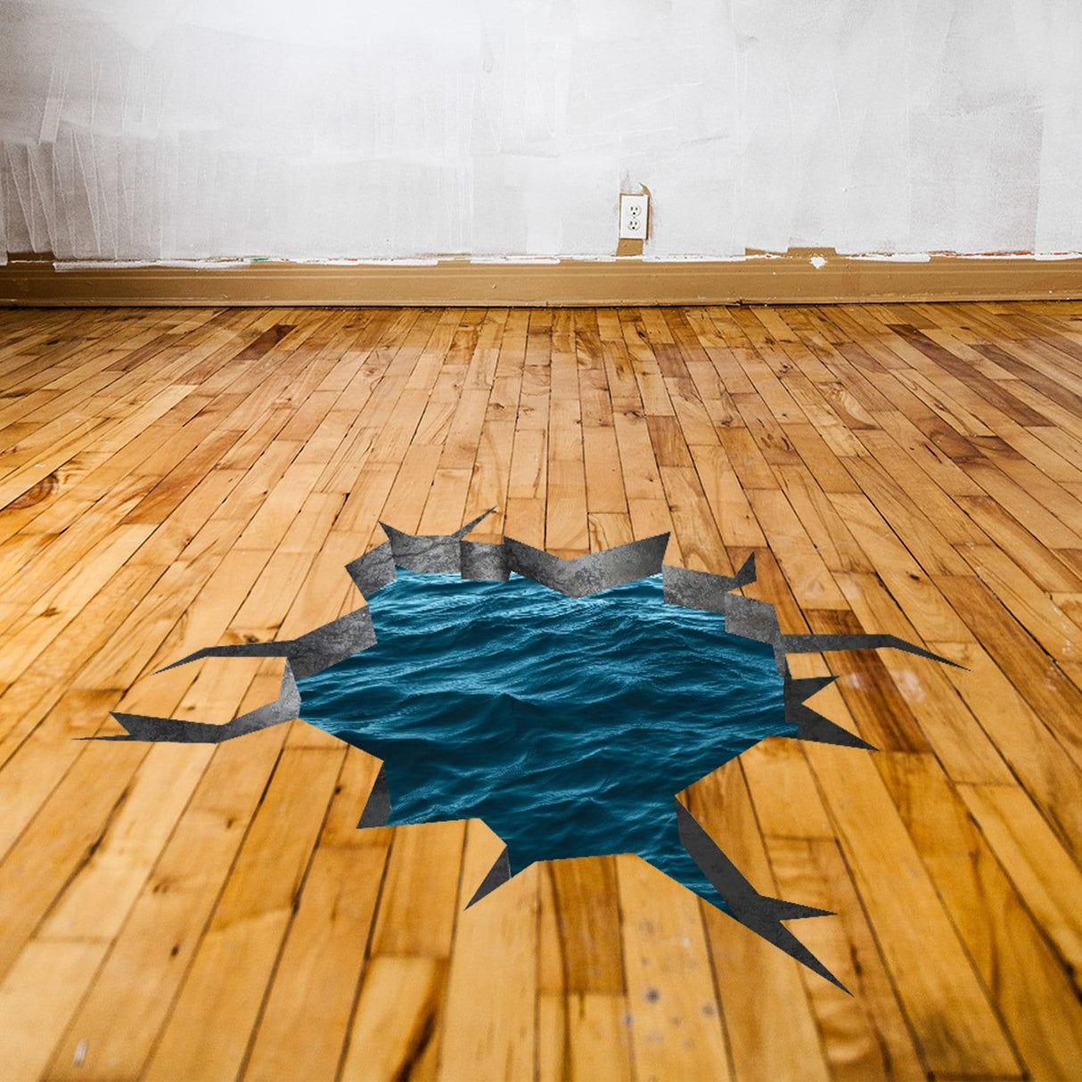 3D floor sea decal depicting an ocean hole design on wooden flooring for a whimsical room transformation.