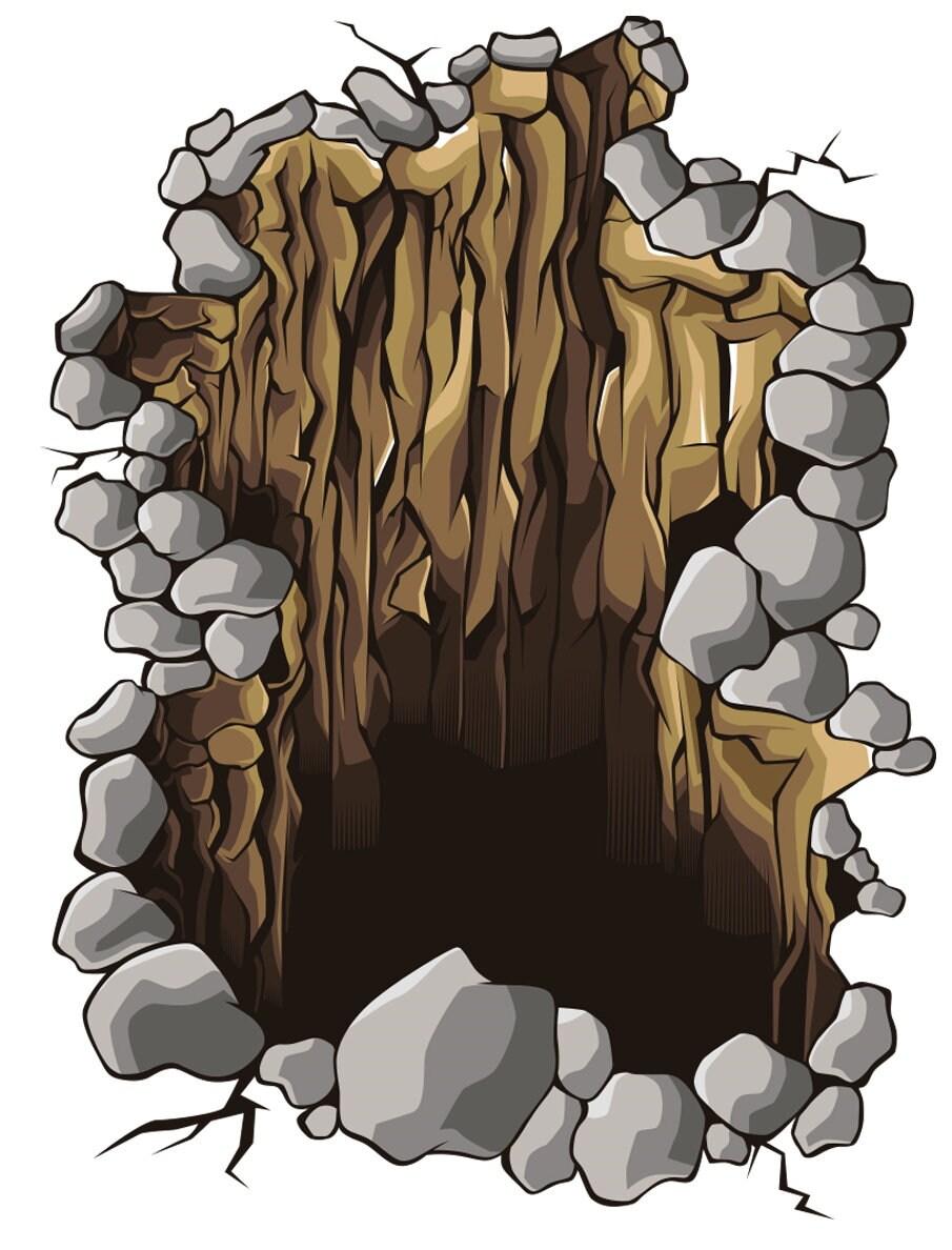 3D floor decal featuring a detailed portal design of a stone pit with rocks and wooden texture, perfect for kids' rooms.