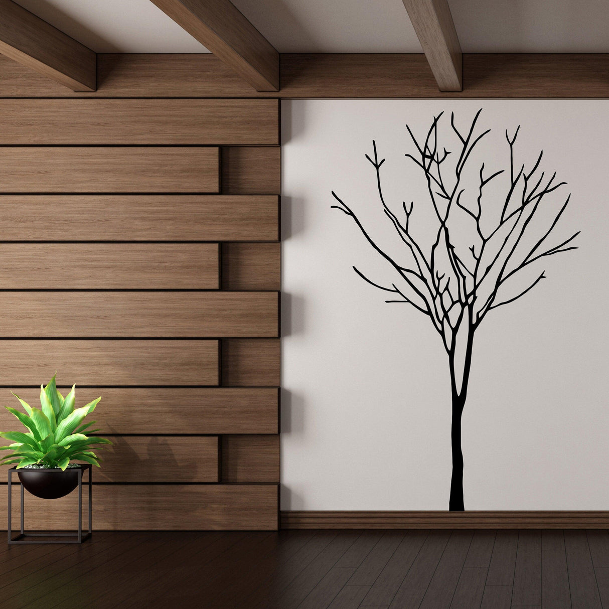 Birch tree wall decal in modern living space with wood paneling and potted plant, adding nature-inspired decor.