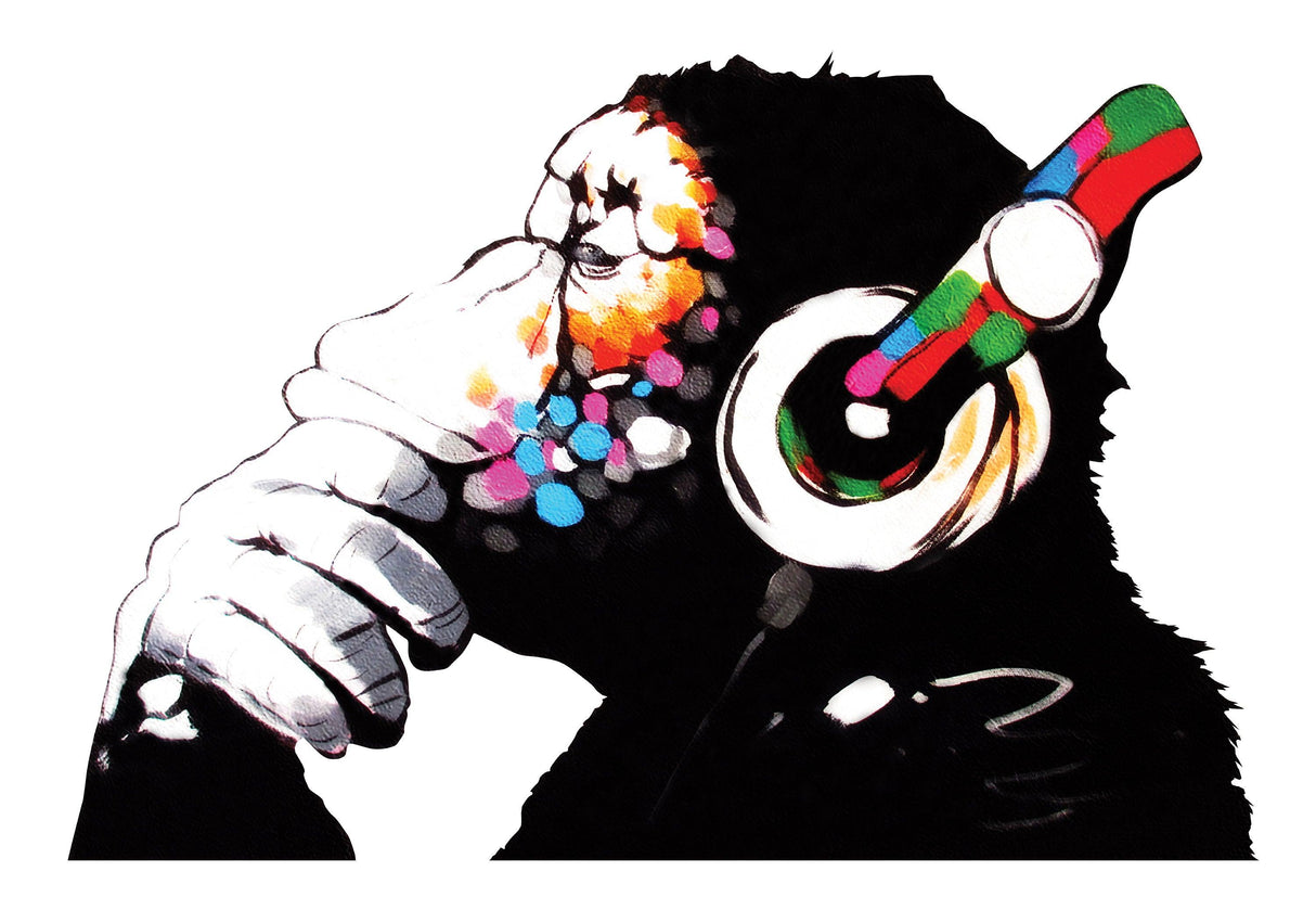 Large Banksy monkey with headphones wall sticker, colorful vinyl decal perfect for home decor.
