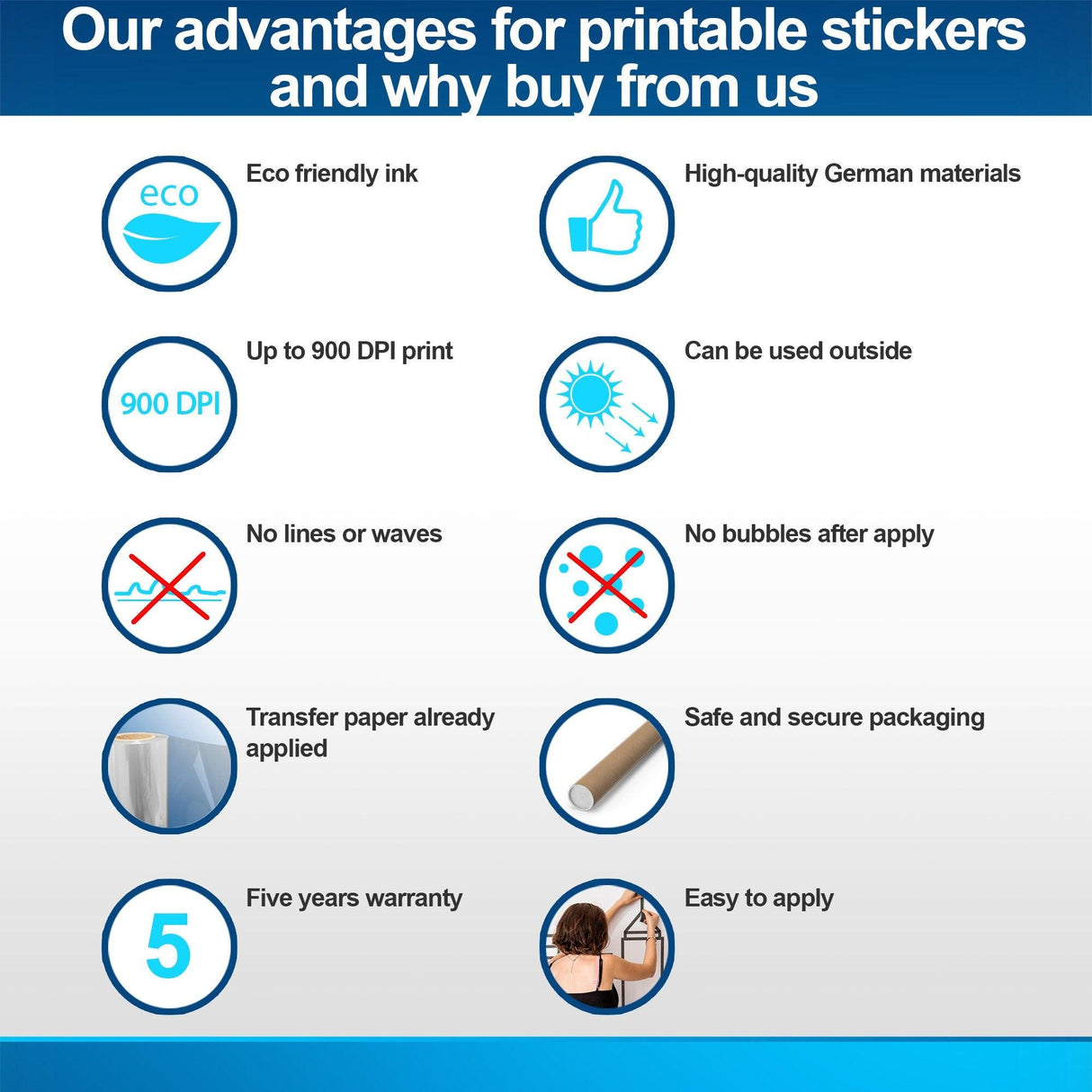 Infographic highlighting advantages of printable stickers: eco-friendly, high-quality, outdoor use, no bubbles, easy to apply.