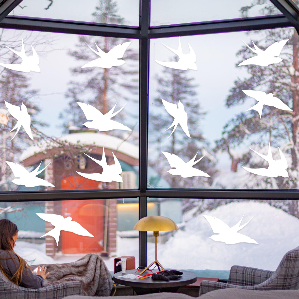 Bird decals for windows preventing collisions, featuring a cozy living room scene with winter landscape.