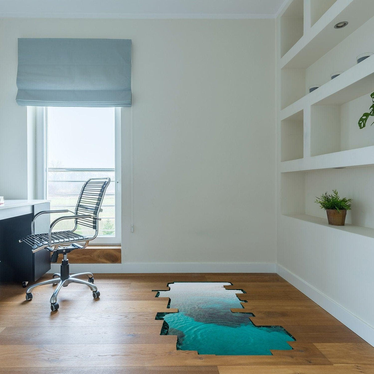 3D ocean hole floor decal in a modern living room adding a whimsical touch to the space.