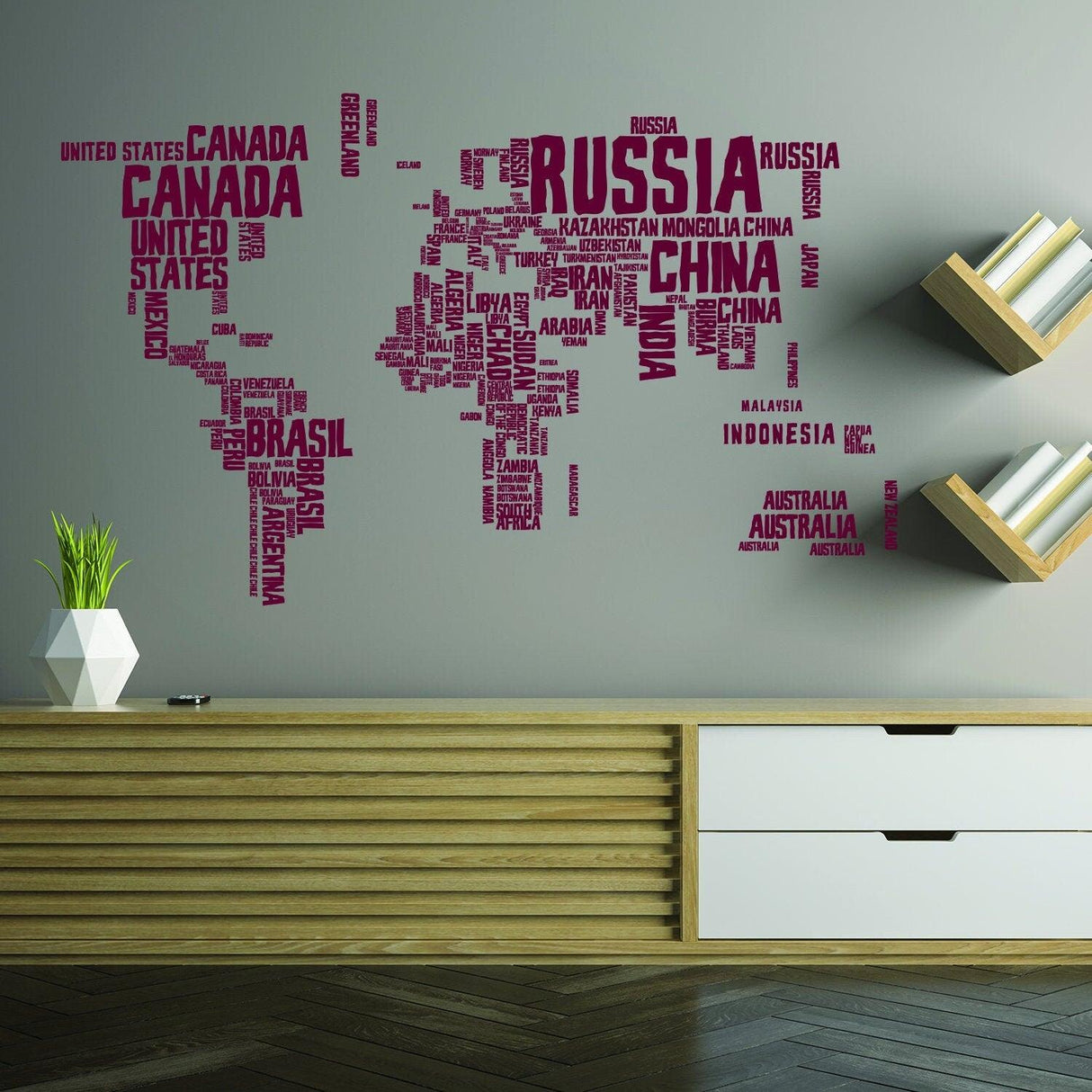 World map wall decal featuring country names in bold letters, stylish home decor for travel enthusiasts.