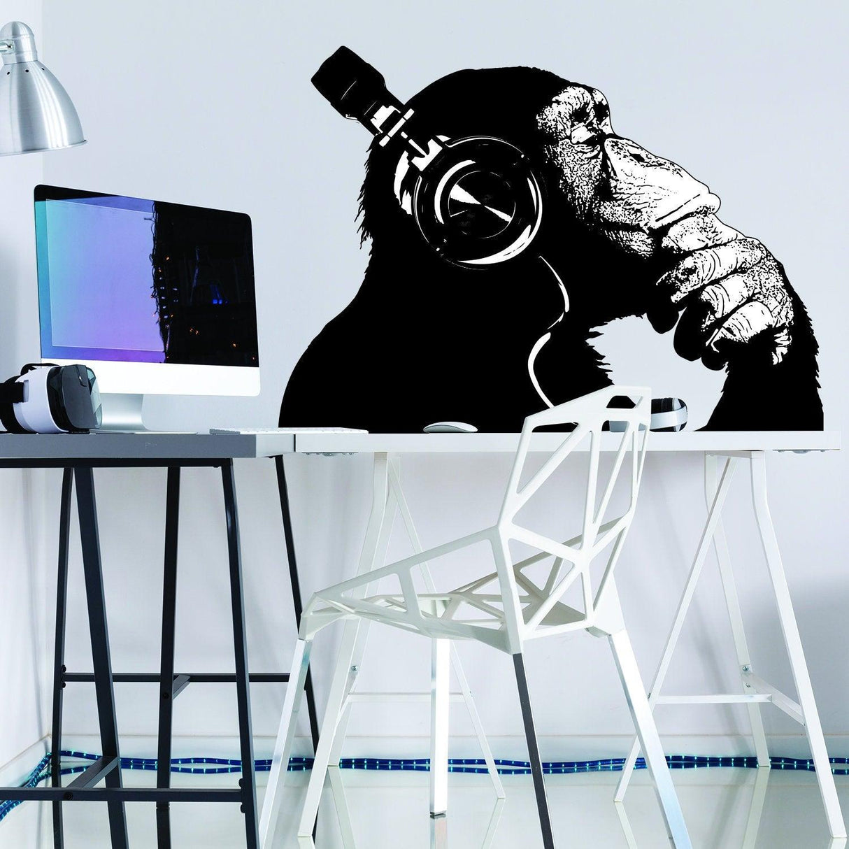 Banksy monkey with headphones wall sticker, vinyl decal for creative home decor.