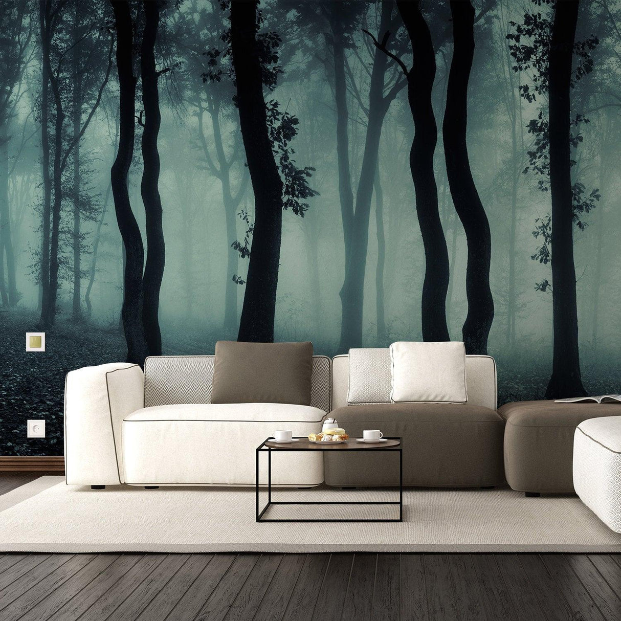 Foggy forest wallpaper decal creating a serene atmosphere in a modern living room with light furniture.