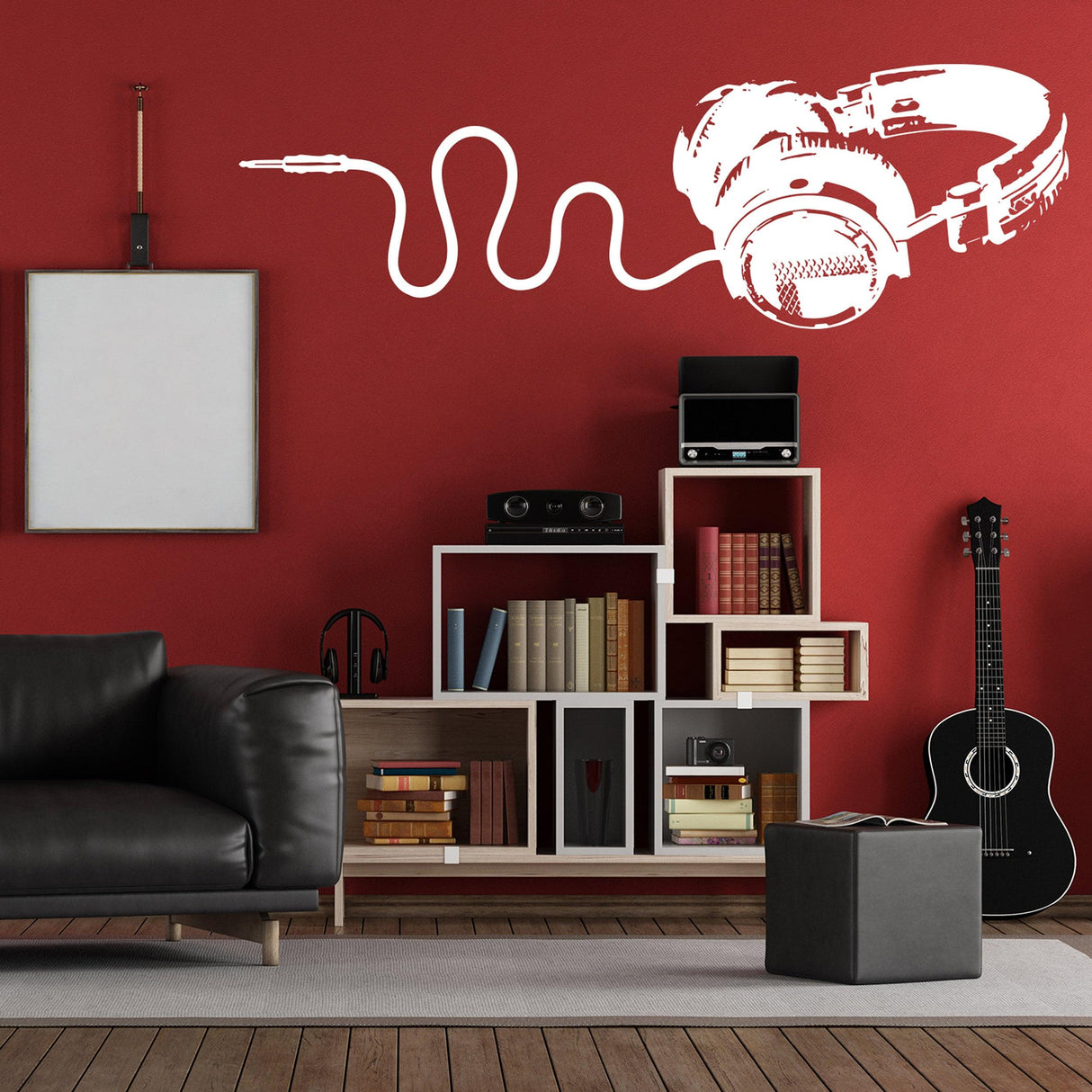 Stylish music wall decal featuring DJ headphones on a red wall, perfect for a teen boy's room decor.