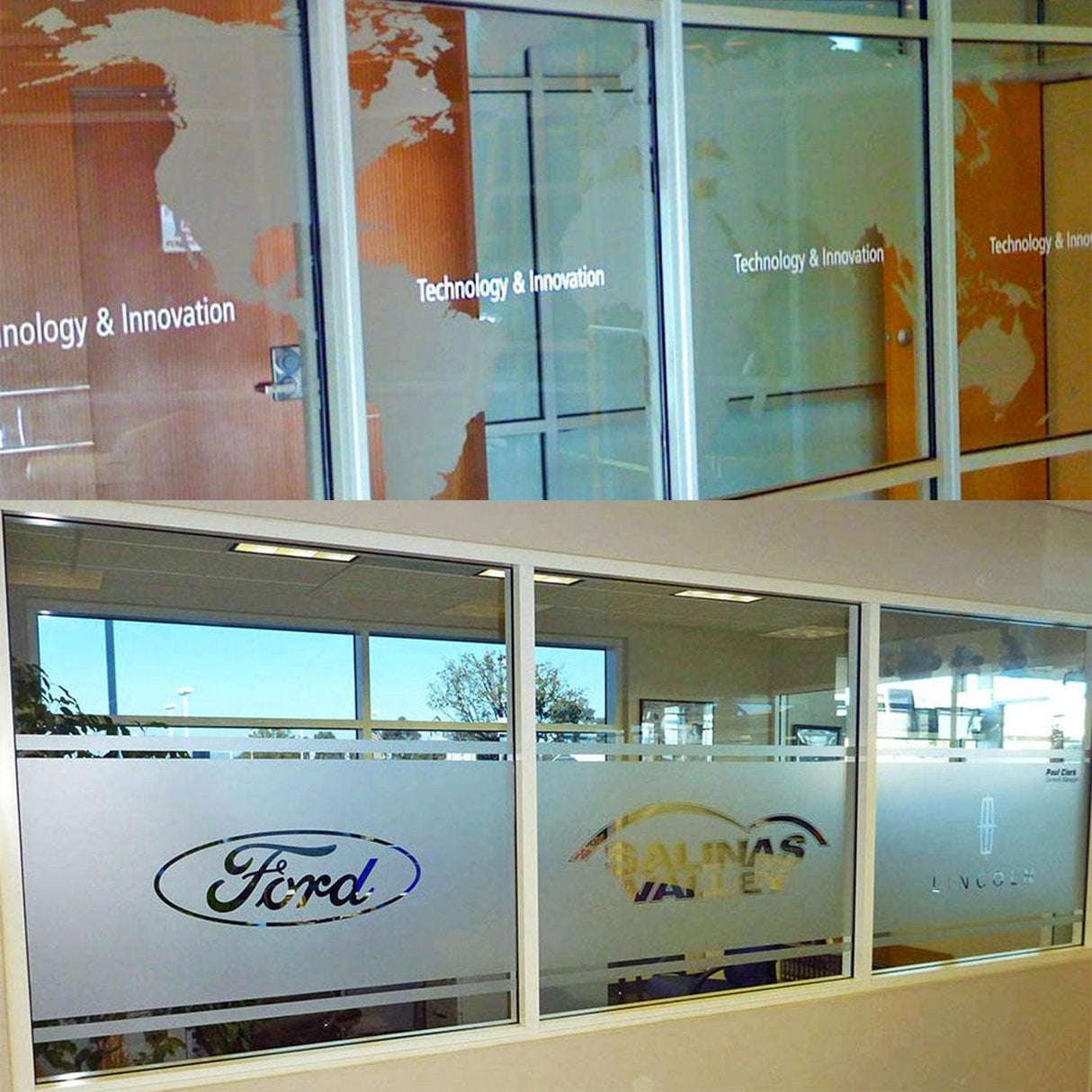 Frosted window film stickers displaying logos and text for privacy and style in office settings.