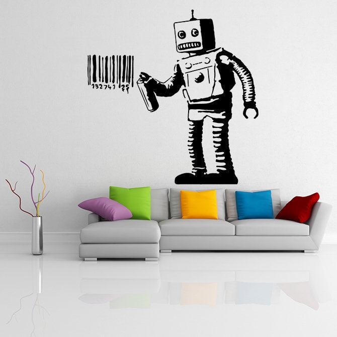 Banksy Barcode Robot Wall Vinyl Sticker on a modern living room wall, showcasing urban art style and graffiti design.