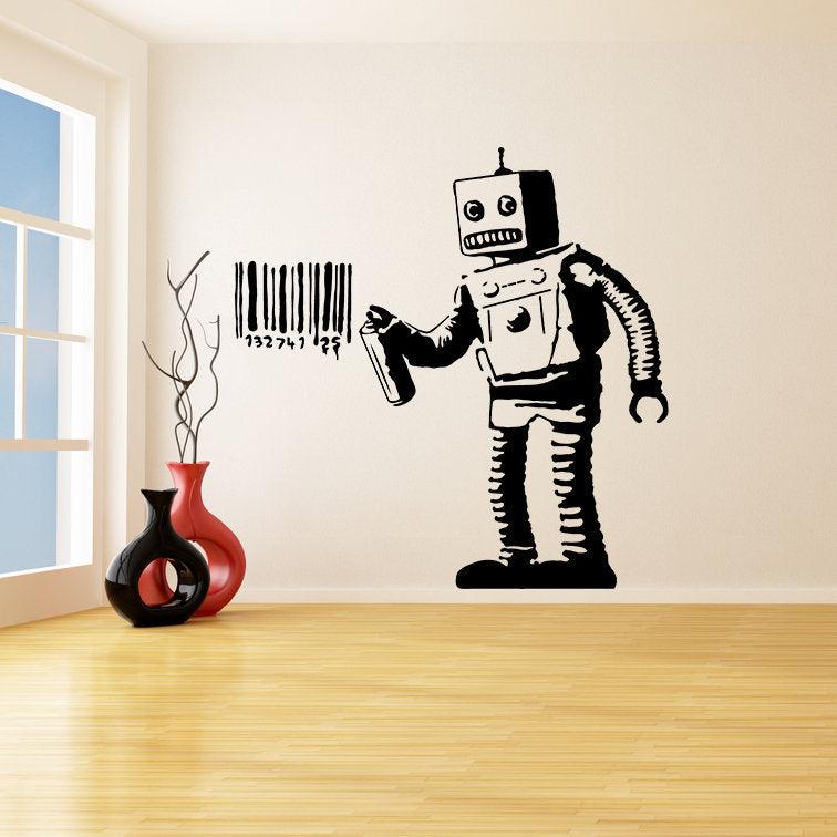 Banksy Barcode Robot Wall Vinyl Sticker, urban art graffiti decal in modern room setup.
