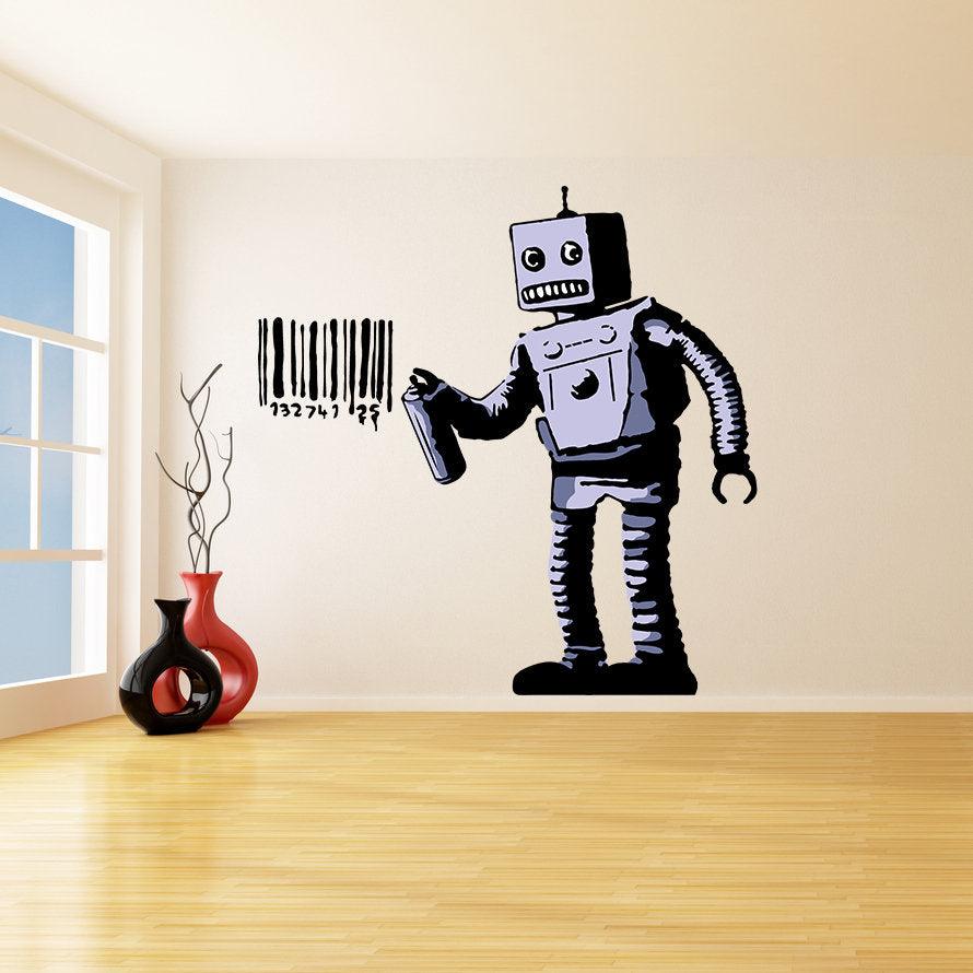 Banksy Barcode Robot Wall Vinyl Sticker on a wall, featuring a graffiti robot with a barcode design in an urban setting.