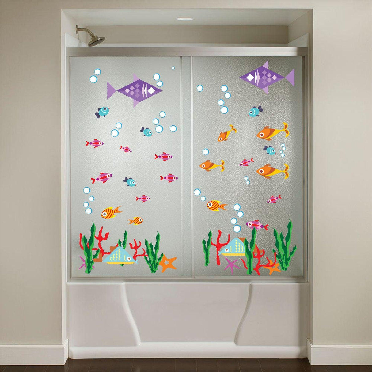 Colorful ocean animal fish wall decal on shower doors, adding charm and whimsy to bathroom decor.
