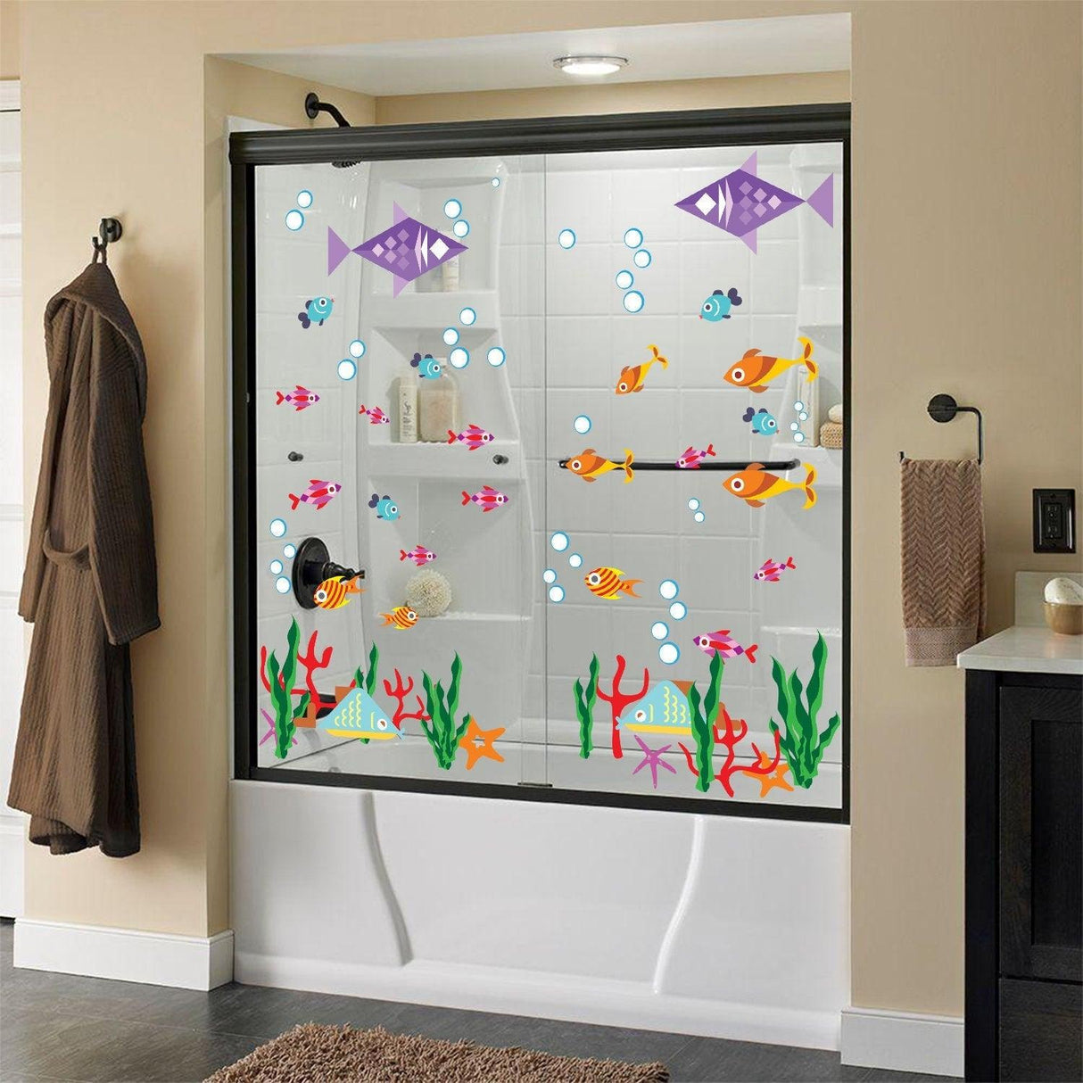 Colorful ocean animal wall decal featuring fish and bubbles, perfect for bathroom decor.