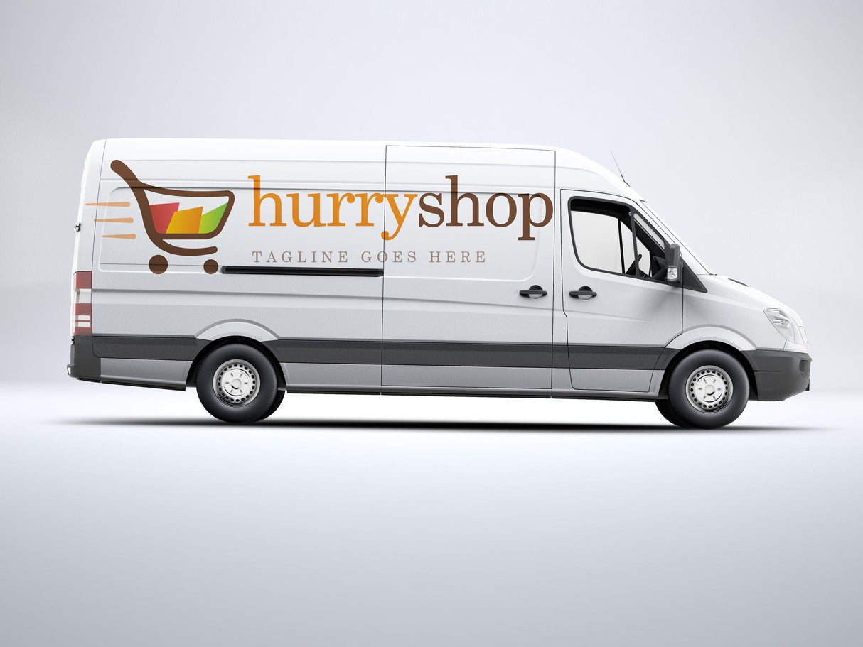 Custom delivery van graphic featuring 'hurryshop' logo and shopping cart design.