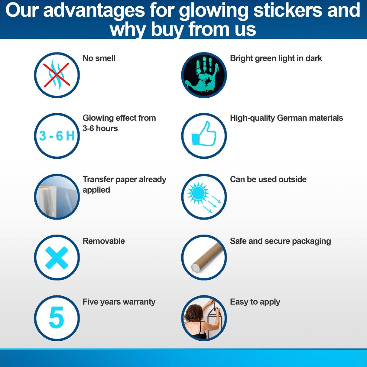 Infographic displaying advantages of glowing stickers: no smell, bright light, easy application, removable, and more.
