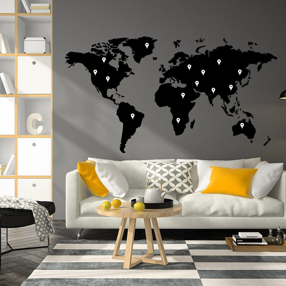 Large black world map wall decal with location markers, perfect for living room or bedroom decor.