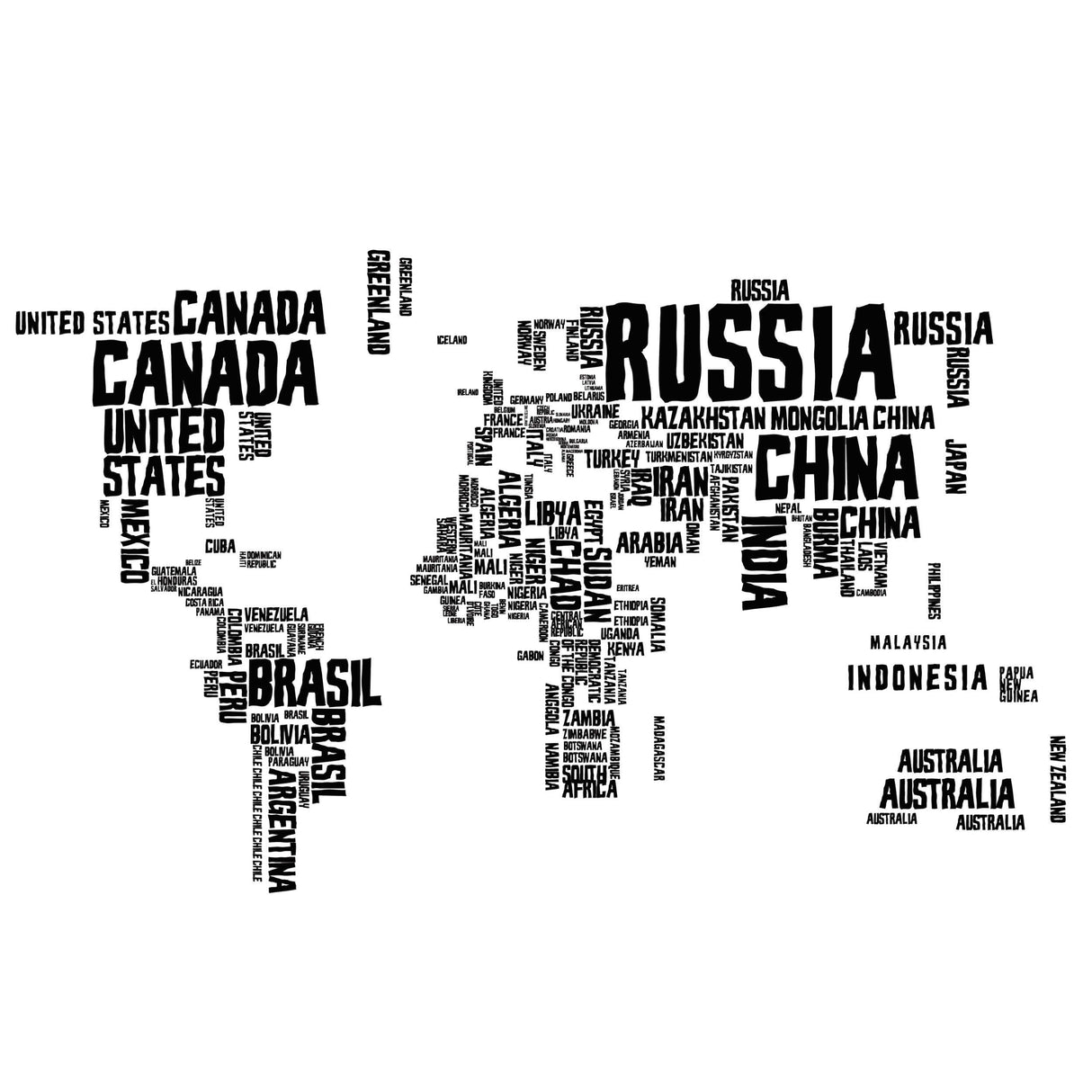 World map made of country names in bold text, perfect for travel enthusiasts and home decor.