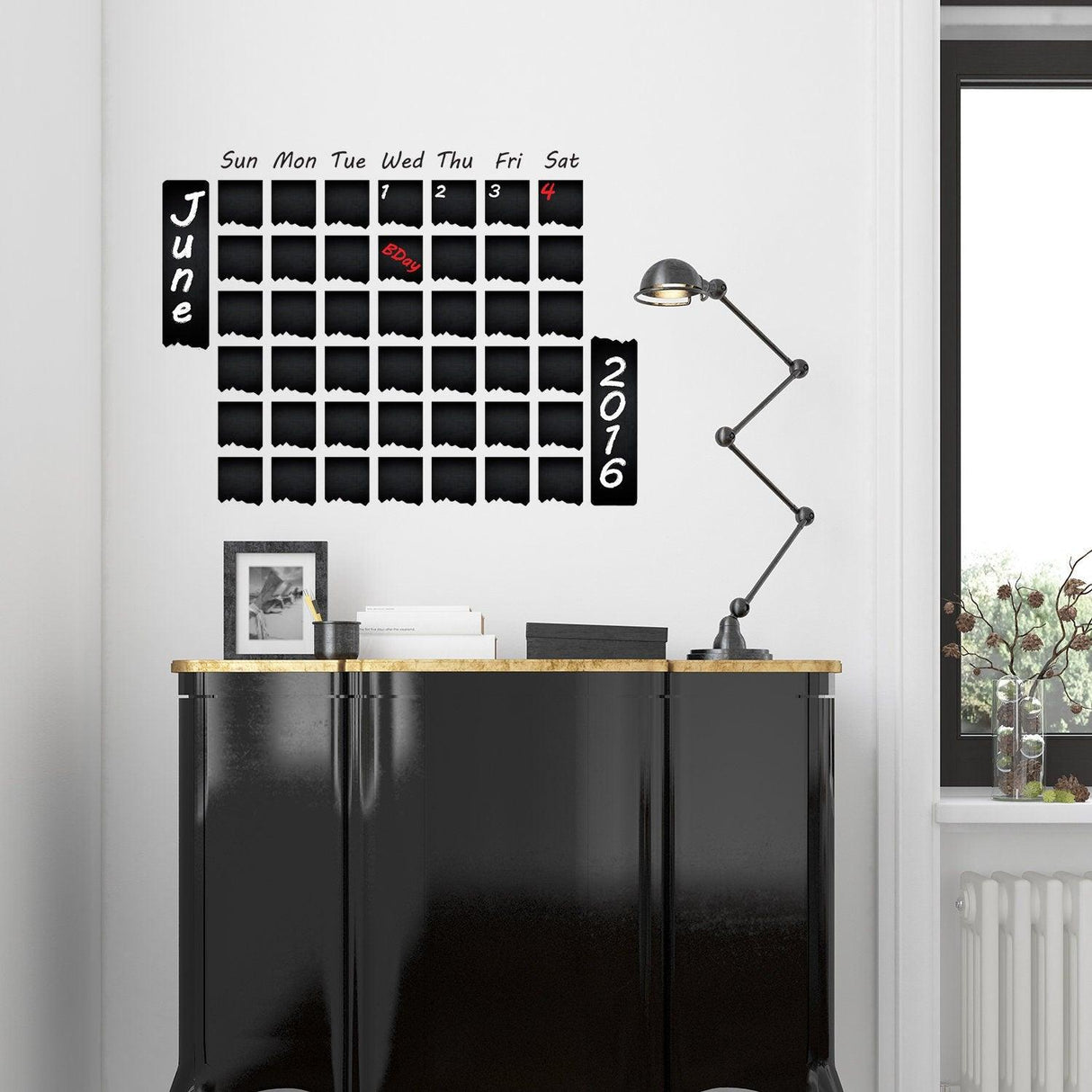 Chalkboard wall planner sticker featuring a June 2016 calendar with a stylish design and organizer layout.