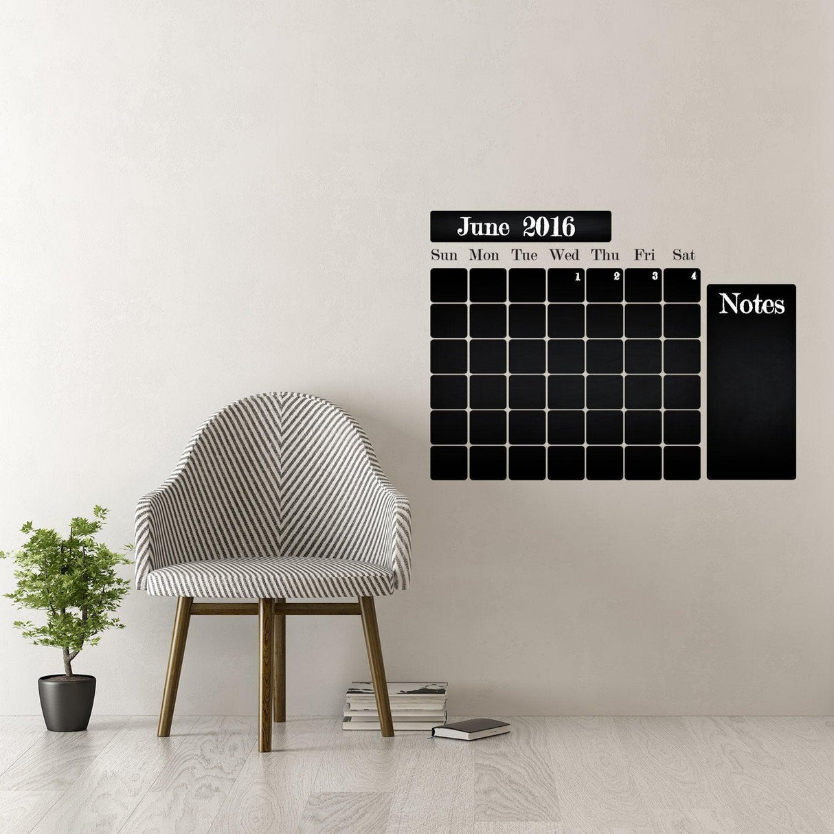 Kitchen blackboard calendar decal on wall with notes section, stylish home organization for easy date tracking.