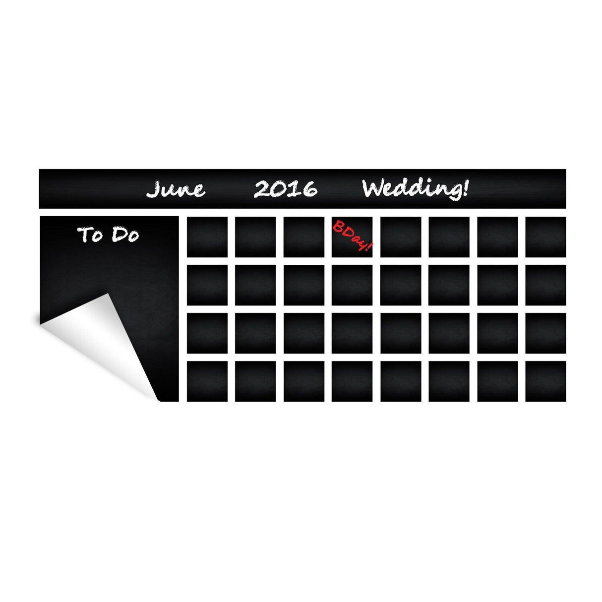 Chalkboard wall planner sticker for June 2016 wedding with to-do list and calendar layout for organization.