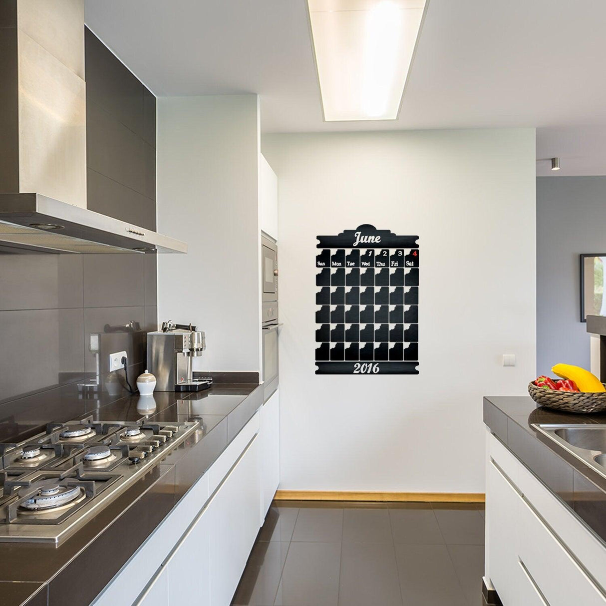 Chalkboard wall planner sticker in a modern kitchen, used for meal planning and organizing daily tasks.