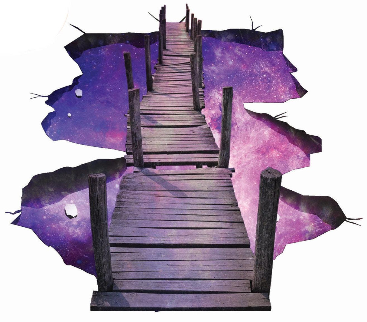 3D galaxy portal floor decal featuring a wooden bridge over a cosmic space background, perfect for kids and teens decor.