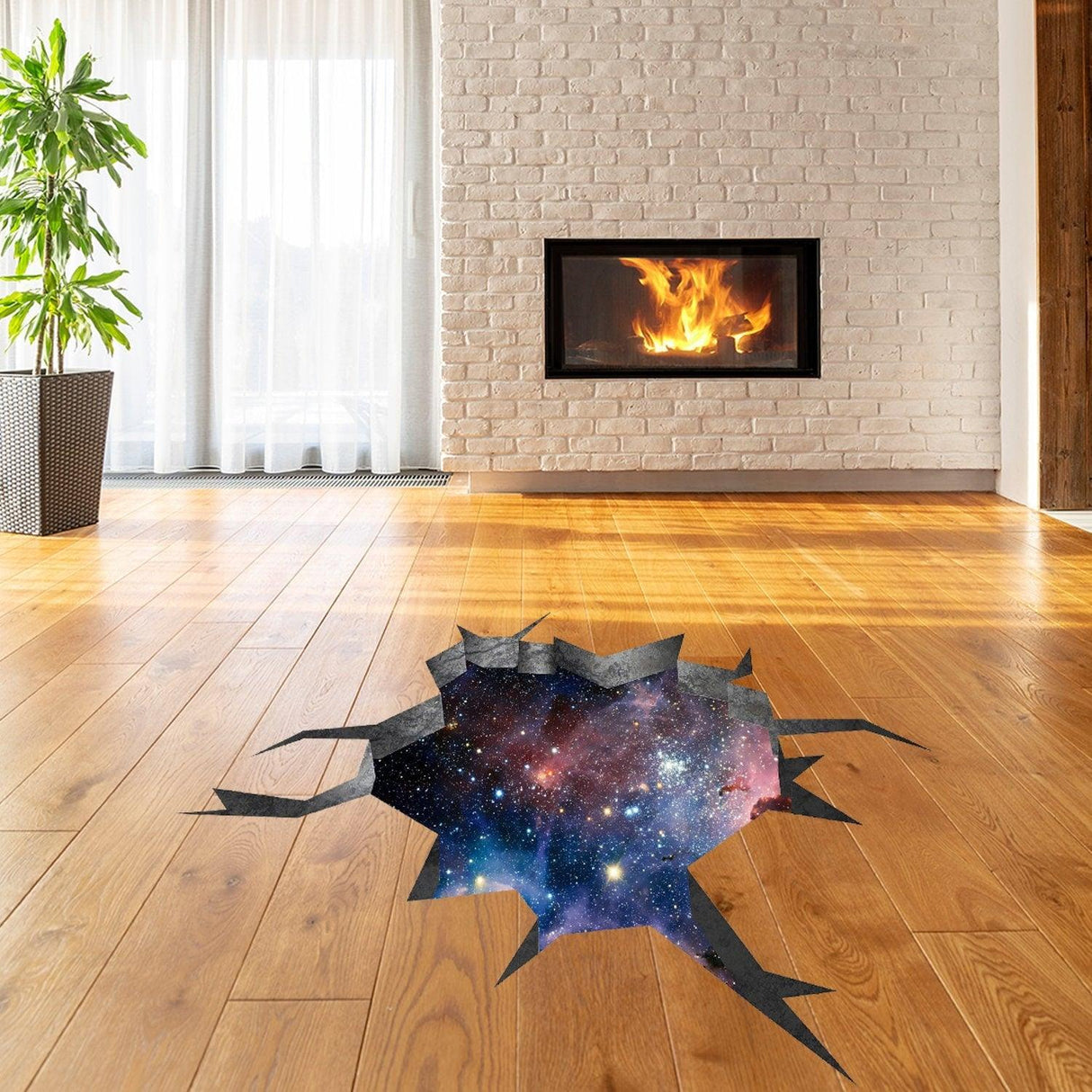 3D floor space portal hole decal featuring a galaxy design on wooden floor, perfect for kids and teens' decor.
