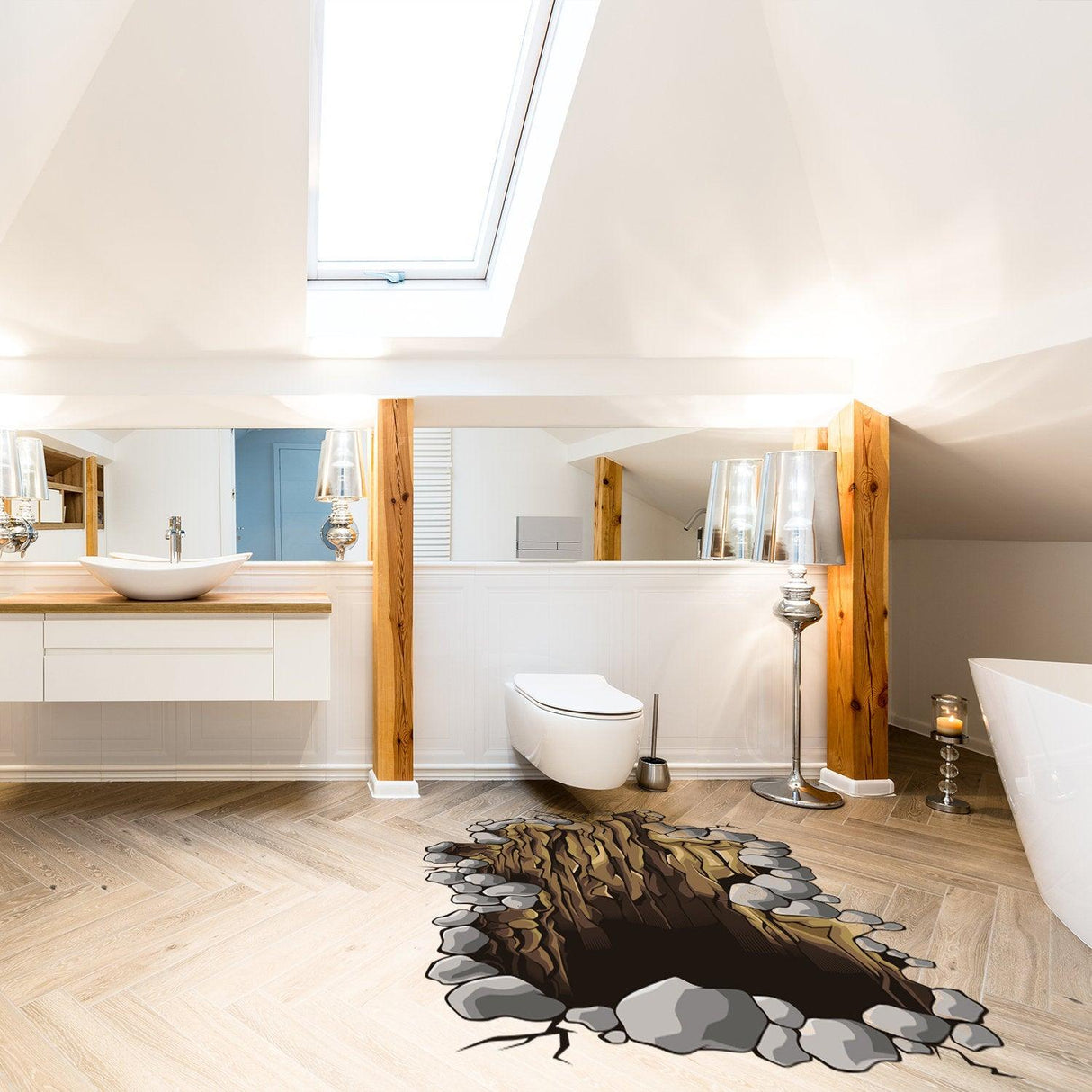 3D floor decal in a modern bathroom featuring a realistic portal design with rocks and a log effect.