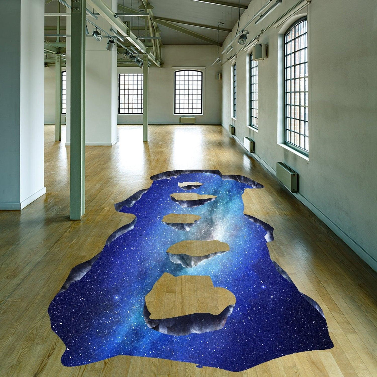 3D floor decal featuring a galaxy portal design, creating an illusion of space in a modern room.