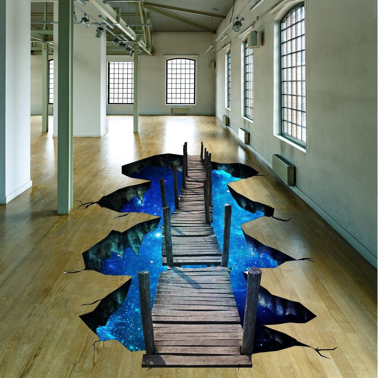 3D floor space portal hole decal featuring a wooden bridge over a galaxy art design in a minimalist room.