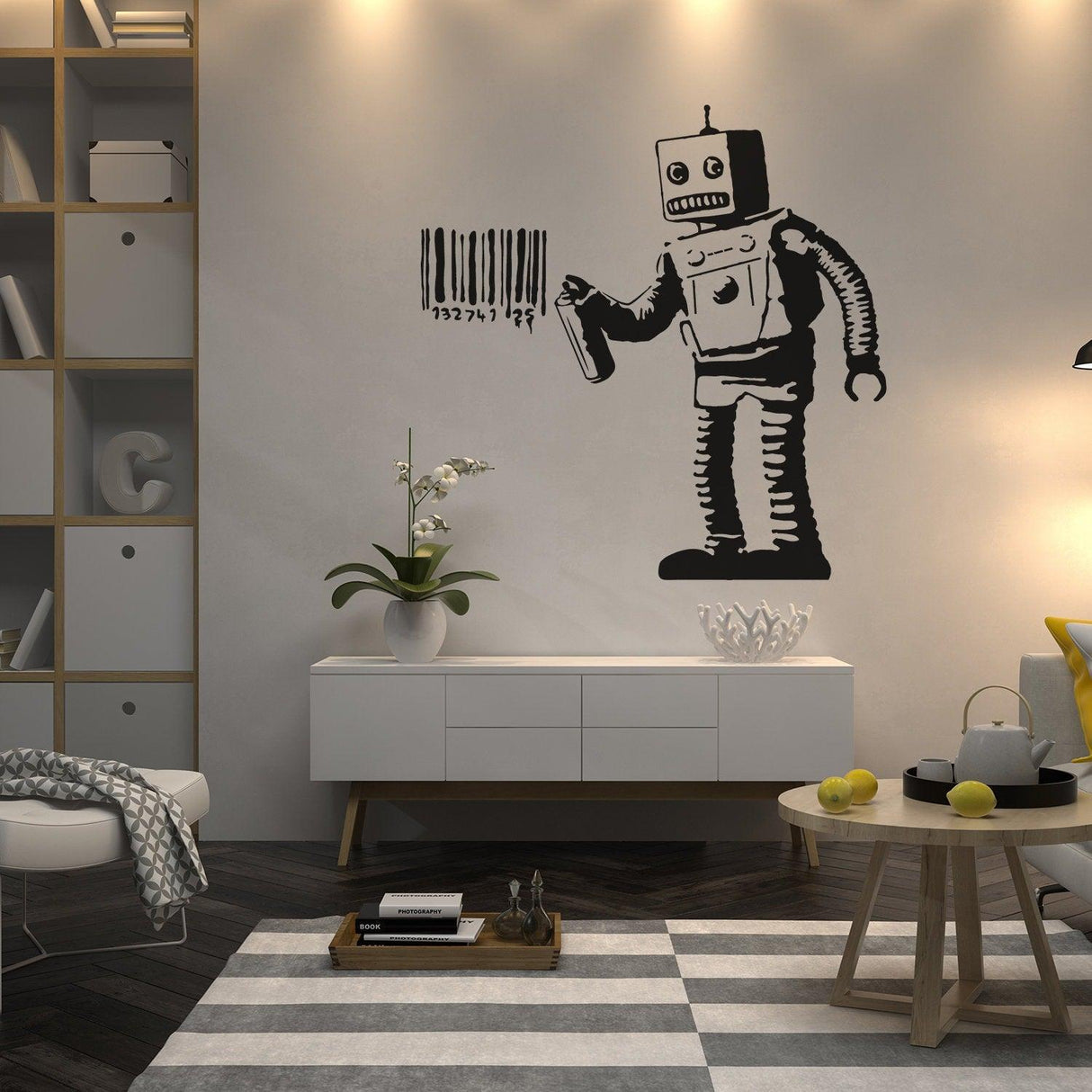 Banksy Barcode Robot Wall Vinyl Sticker on a modern living room wall, featuring street art graffiti style.