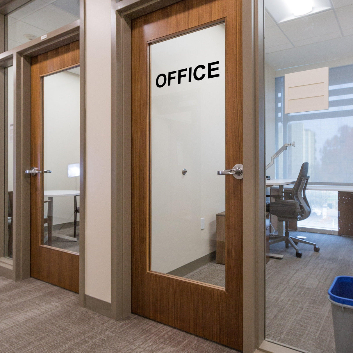 Vinyl removable letter stickers on office doors, showcasing a modern workspace with a professional atmosphere.
