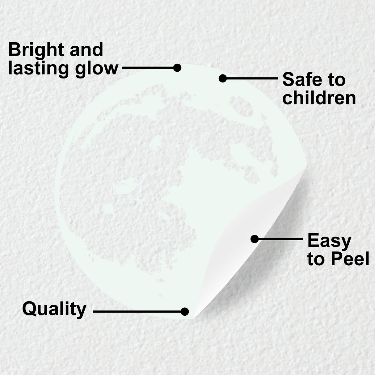 Glow in the dark moon wall sticker showing bright glow, child-safe features, easy peel application, and quality material.