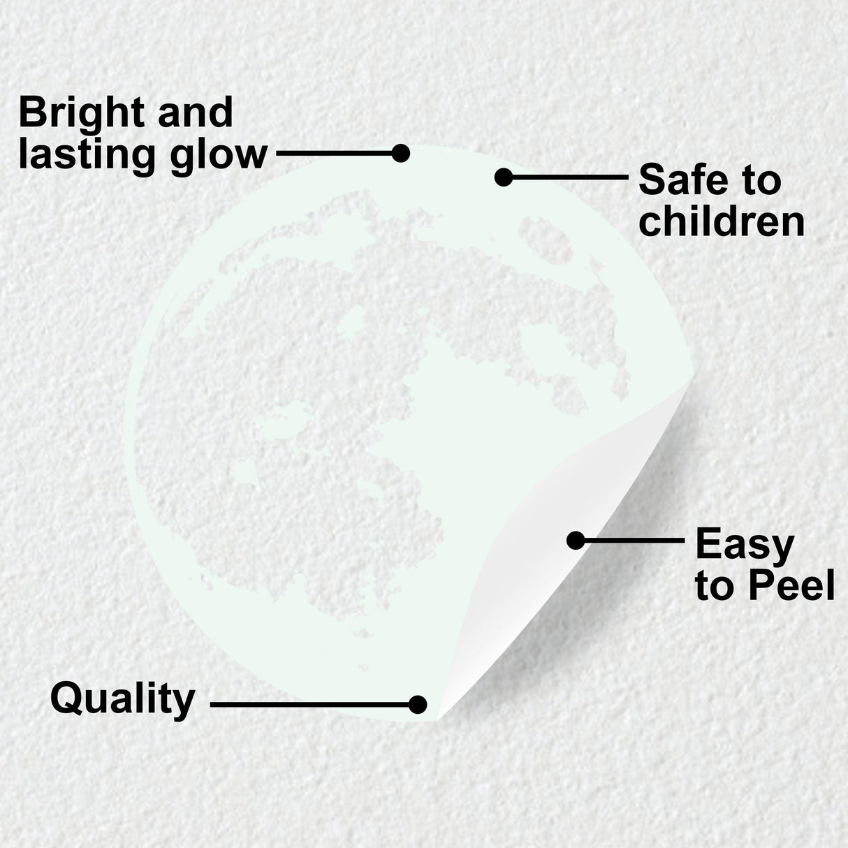 Glow in the dark moon wall sticker features: bright glow, child-safe, easy to peel, made with quality materials.