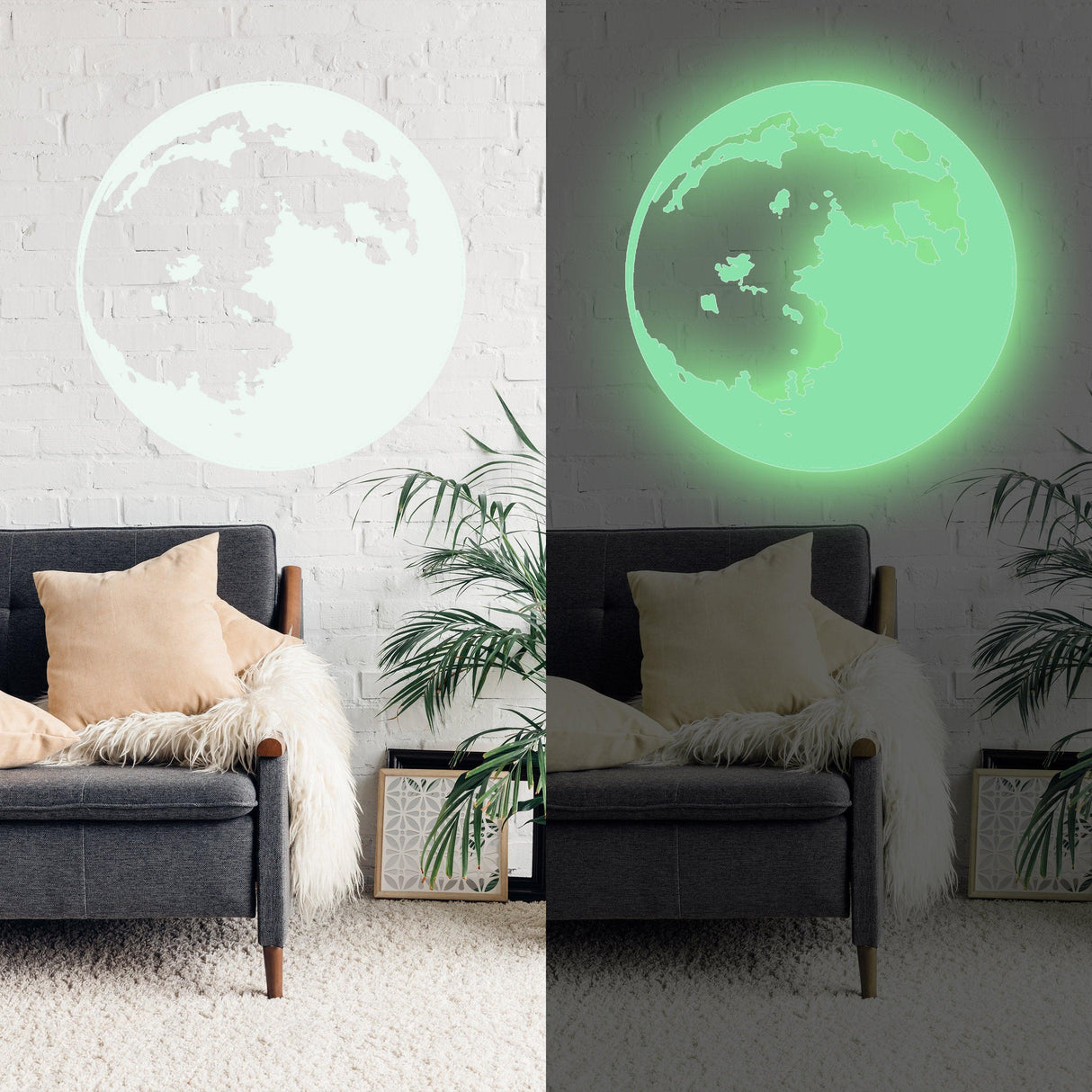 Glow in the dark moon wall sticker displayed above a cozy sofa, showcasing its luminous effect in a kid's bedroom.