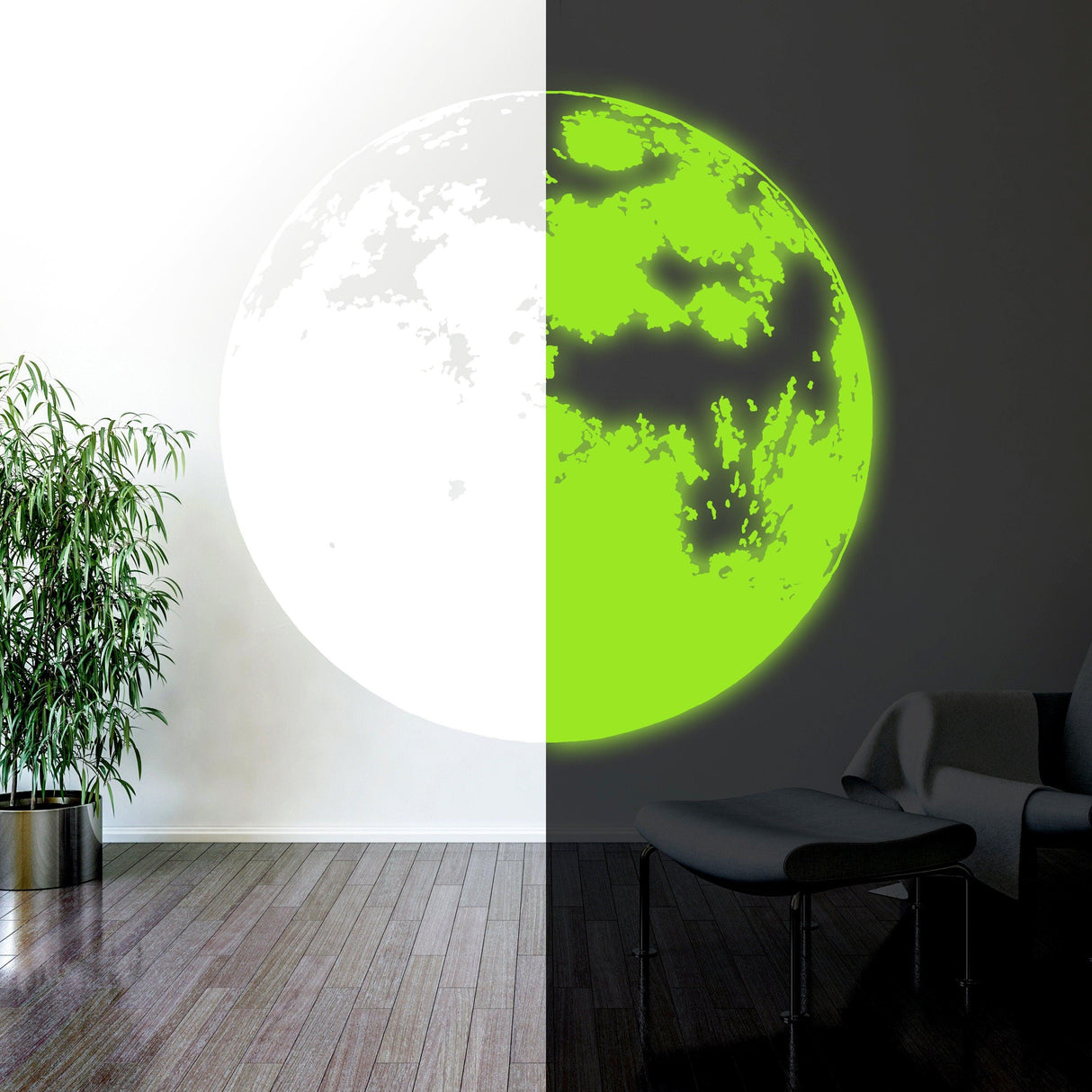 Glow in the dark moon wall sticker displayed on a wall, creating a magical atmosphere in a child's room.