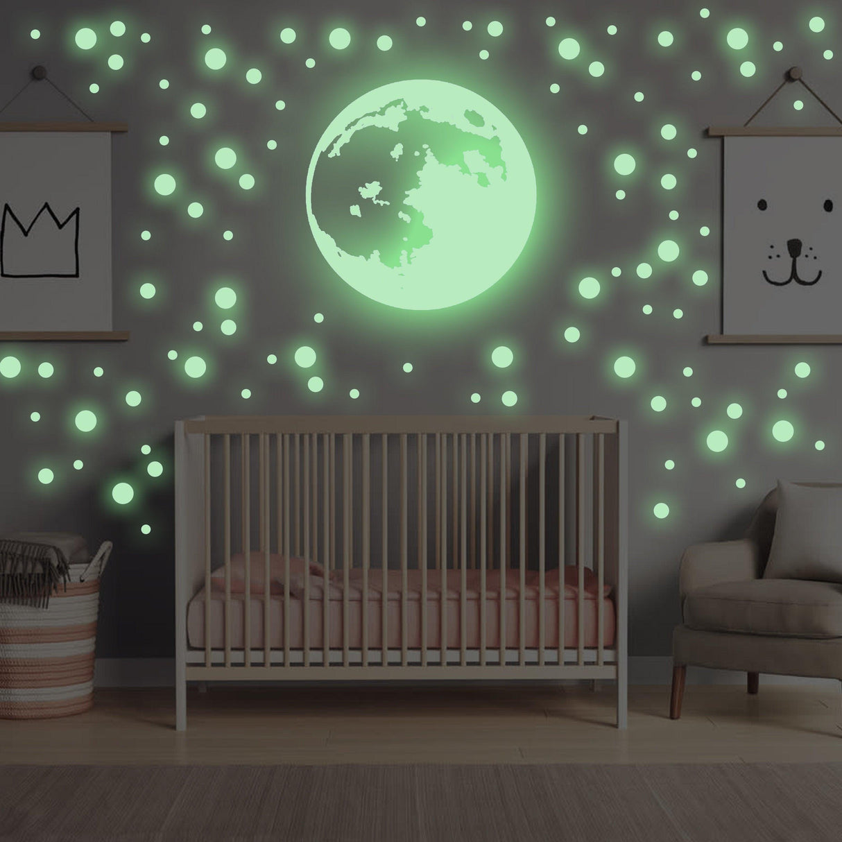 Glow in the dark moon and stars wall stickers in a nursery, creating a magical atmosphere for kids.