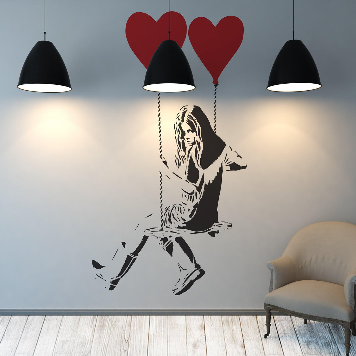 Banksy Girl With Heart Balloon wall sticker featuring a girl on a swing with red heart balloons, vinyl art decal for home decor.