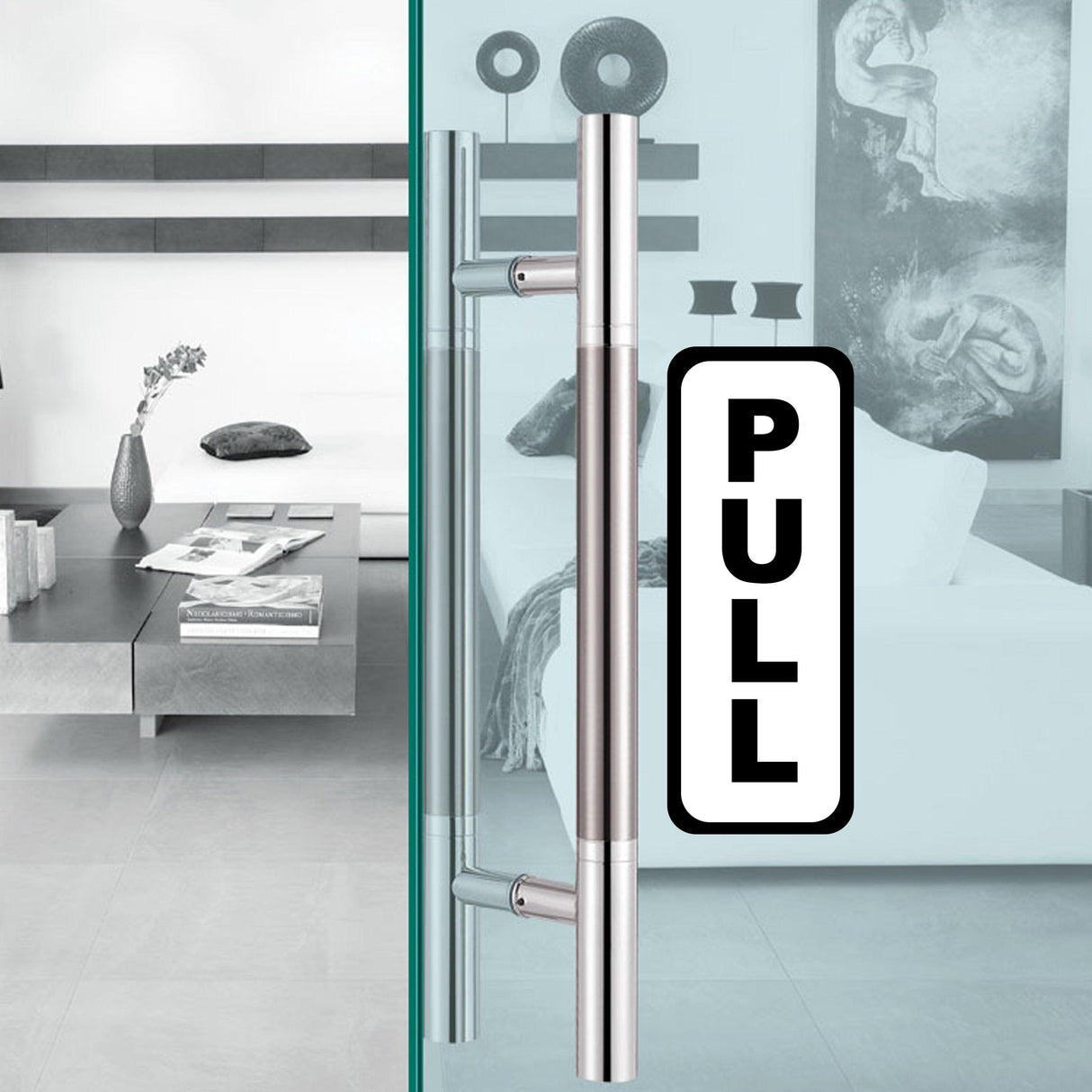 Push pull door vertical sticker sign with 'PULL' text on sleek glass door in modern interior.