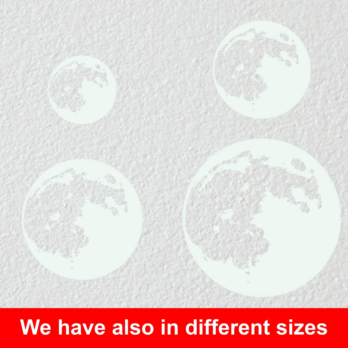 Glow in the dark moon wall stickers in various sizes for kid's rooms, ceiling, and bedroom decor.