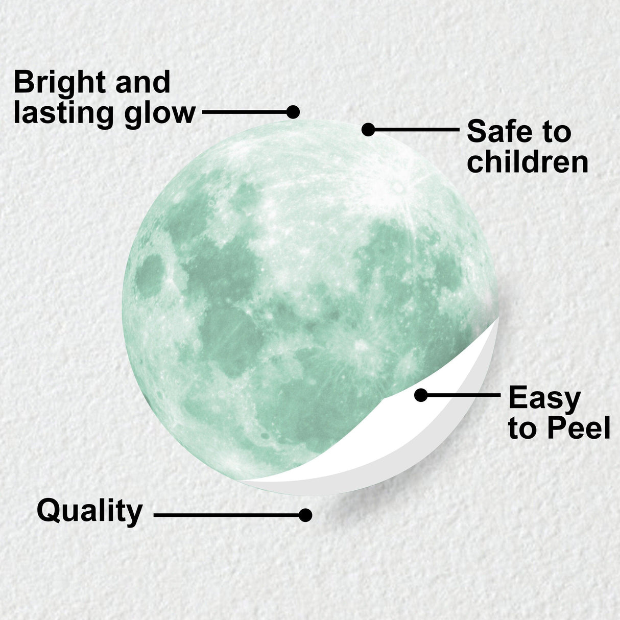 Glow in the dark full moon wall sticker showcasing features: bright glow, child-safe, easy to peel, and quality material.