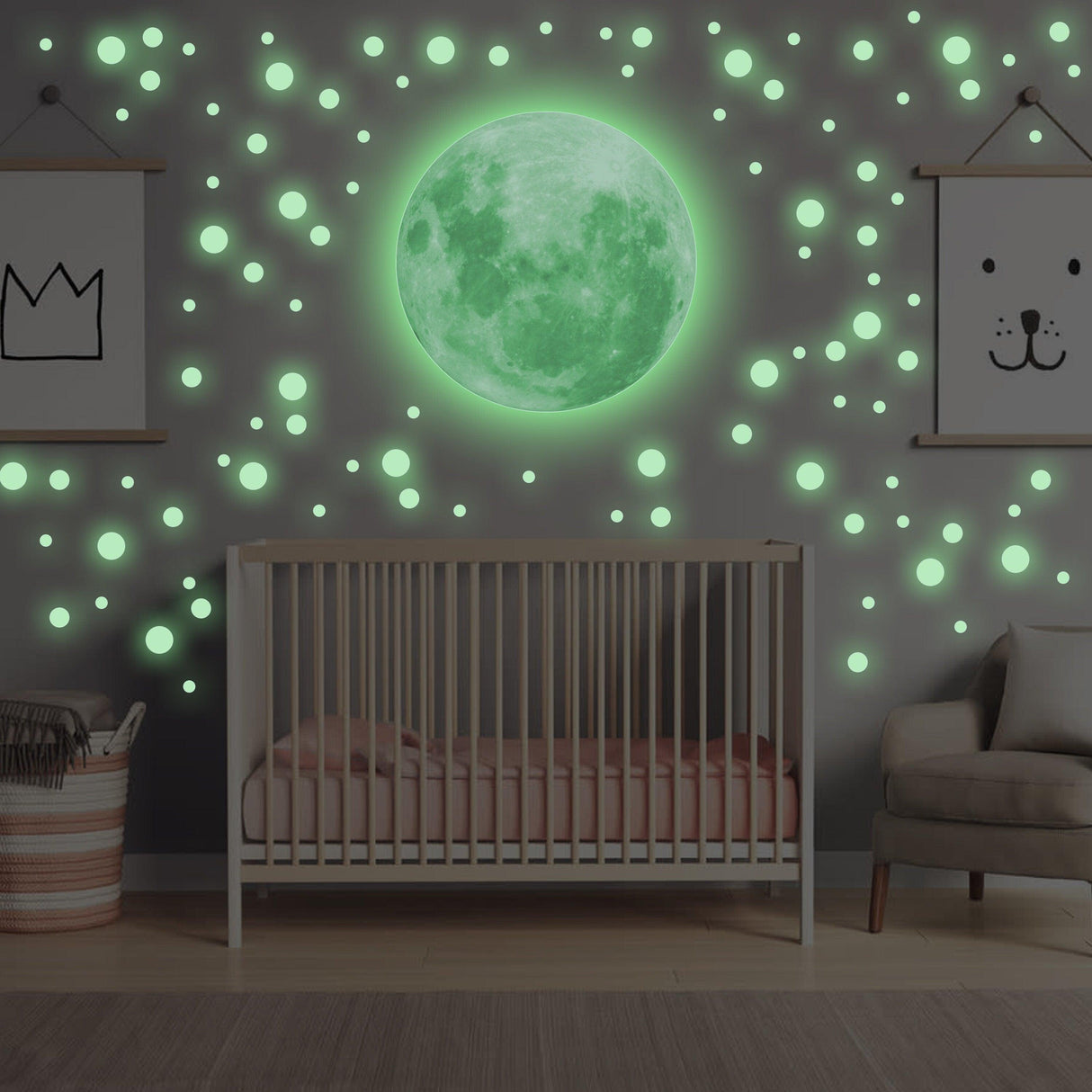 Glow in the dark full moon and star wall sticker in a stylish nursery, creating a celestial ambiance.