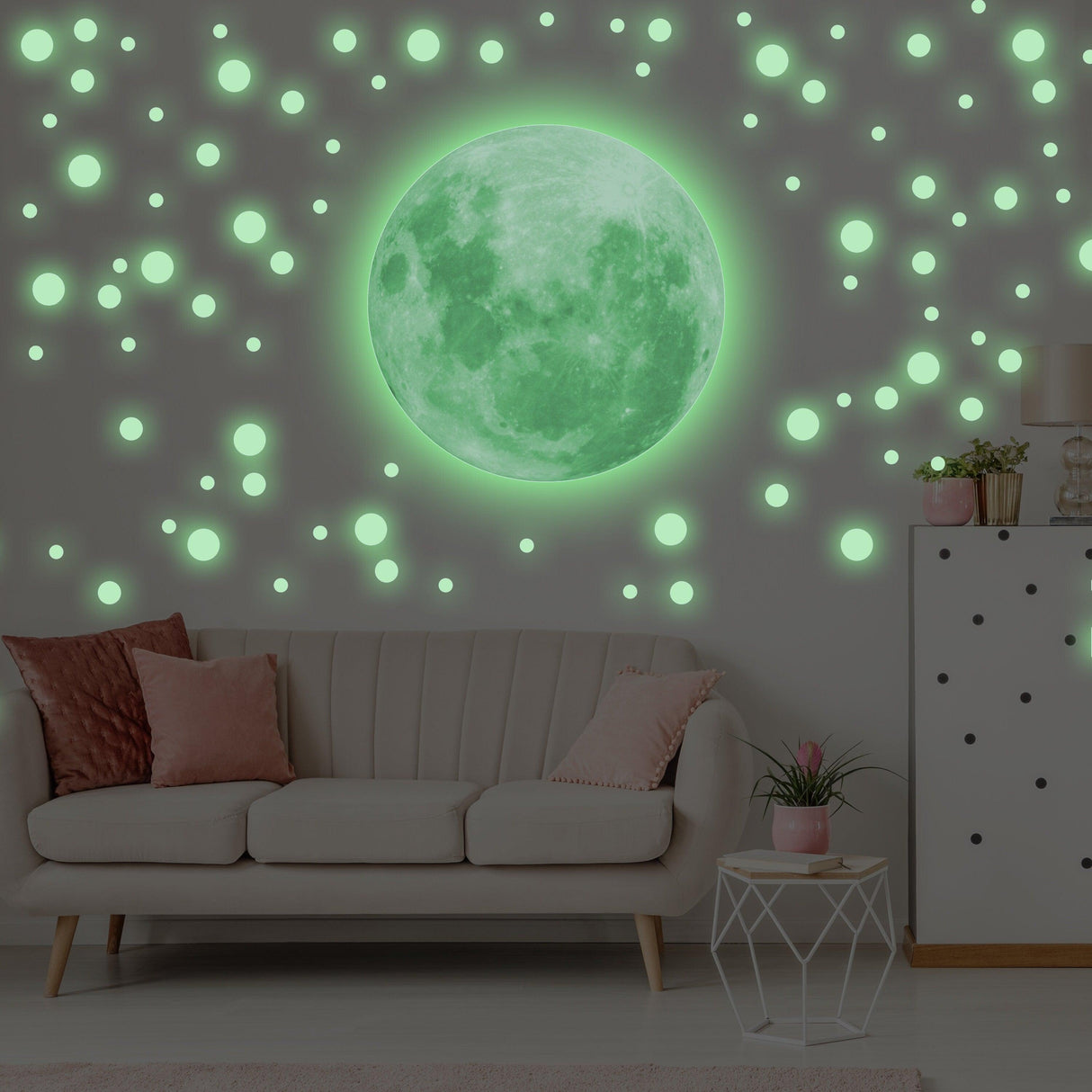 Glow in the dark full moon and star wall sticker in a cozy living room setting, enhancing bedroom ceiling decor.