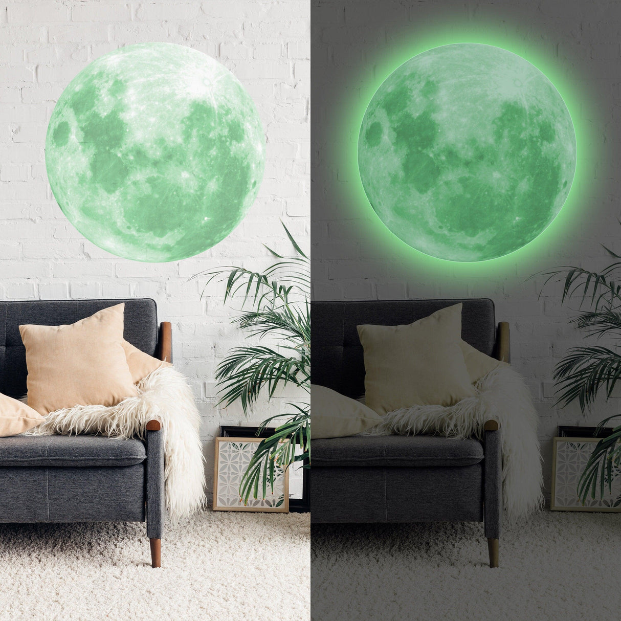 Glow in the dark moon wall sticker displayed in a cozy living room, enhancing decor with its enchanting glow.