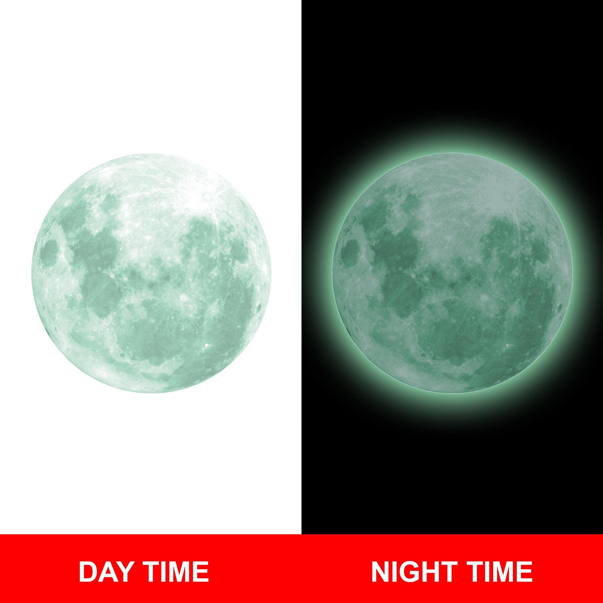 Glow in the dark moon wall sticker showing day and night effects for kids' room decor.